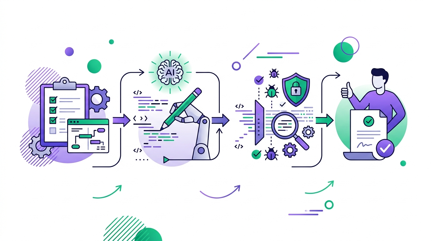 AI coding agent workflow showing task planning, automated tests, security checks, and human approval