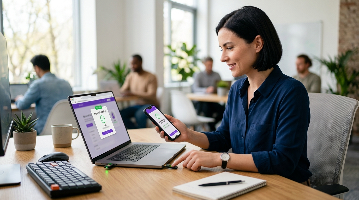 Administrator testing WordPress passkey login on a laptop, mobile phone and hardware security key