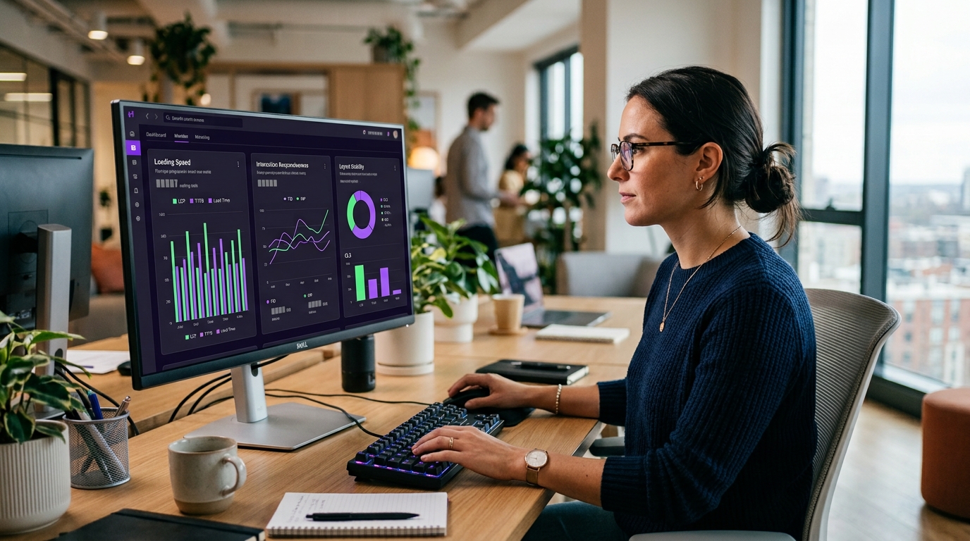 Developer reviewing LCP INP and CLS field data for an Elementor website