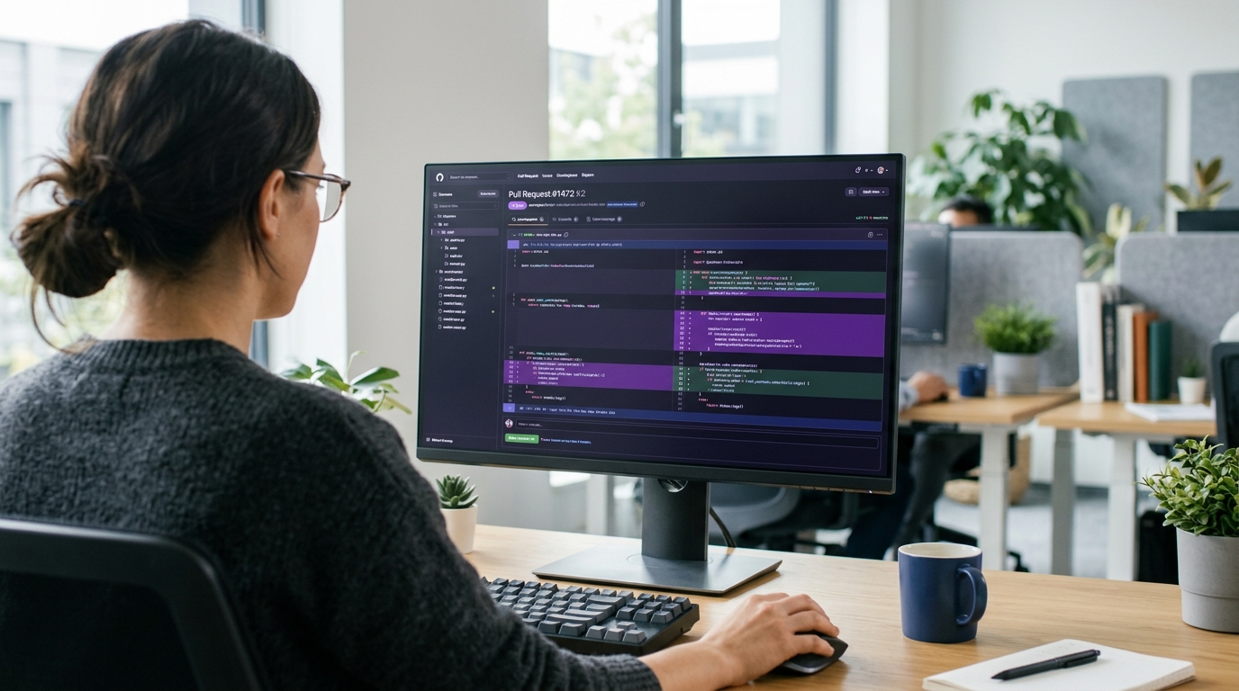 Developer reviewing an AI coding agent pull request and checking the proposed code changes