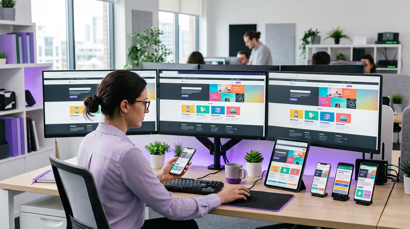 Frontend developer testing a responsive website across Chrome, Firefox, Safari, Edge and mobile screens