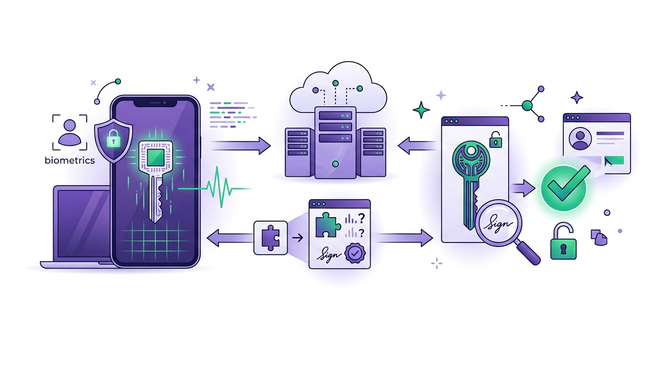WordPress passkey authentication flow using a device credential, public key and secure server challenge